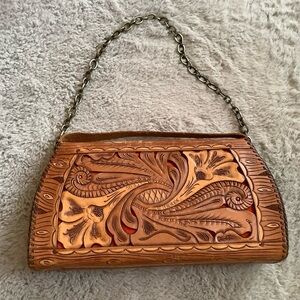 Hand-Tooled Floral Leather Clutch in Tan with Chain Strap